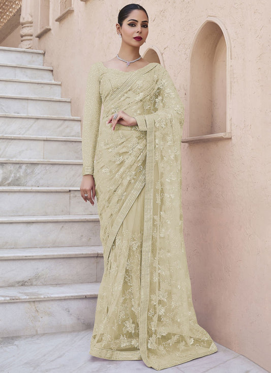Beads Net Beige Saree S14173