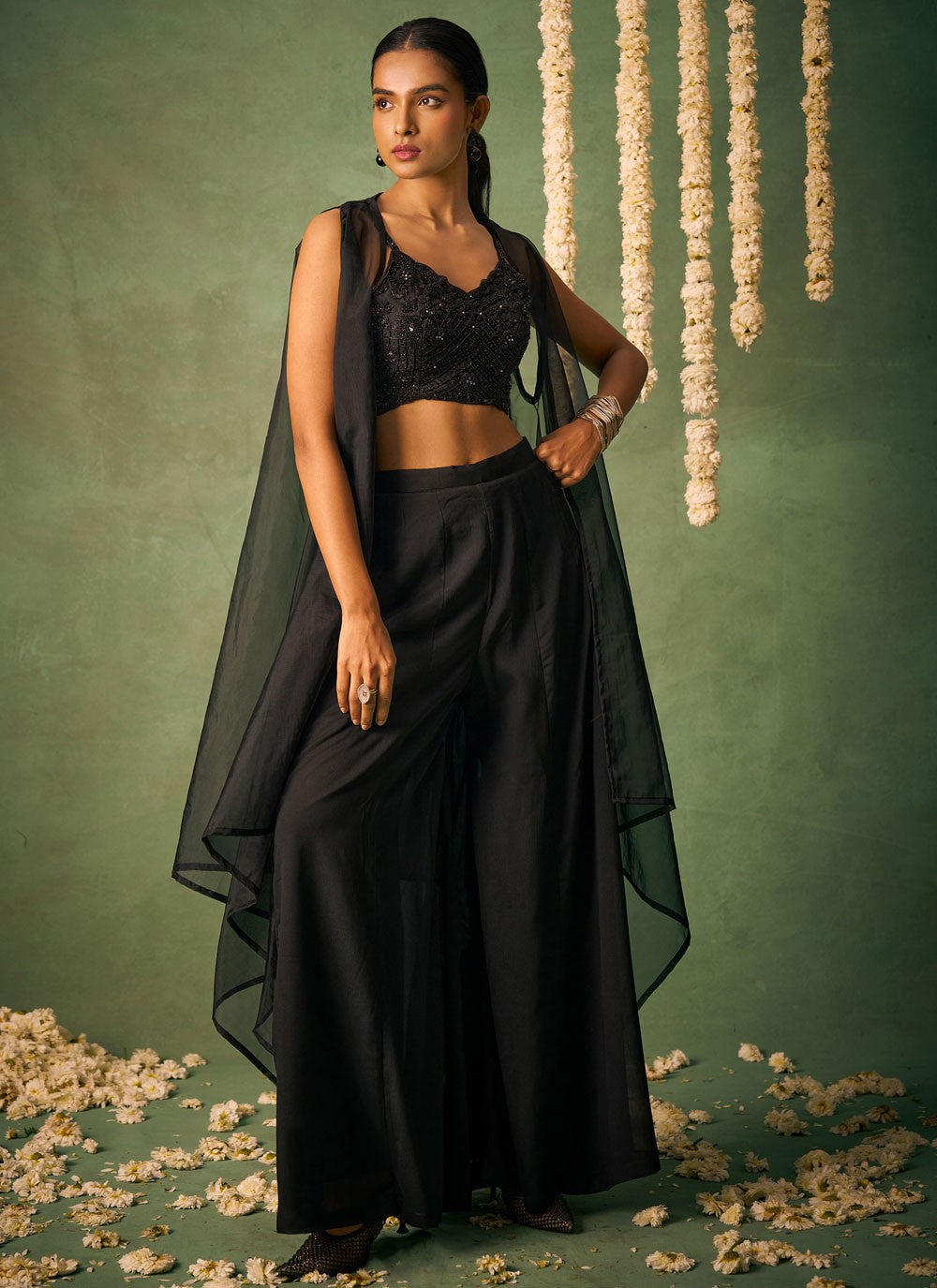 Salwar Suit Beads Black Chinon T5898
