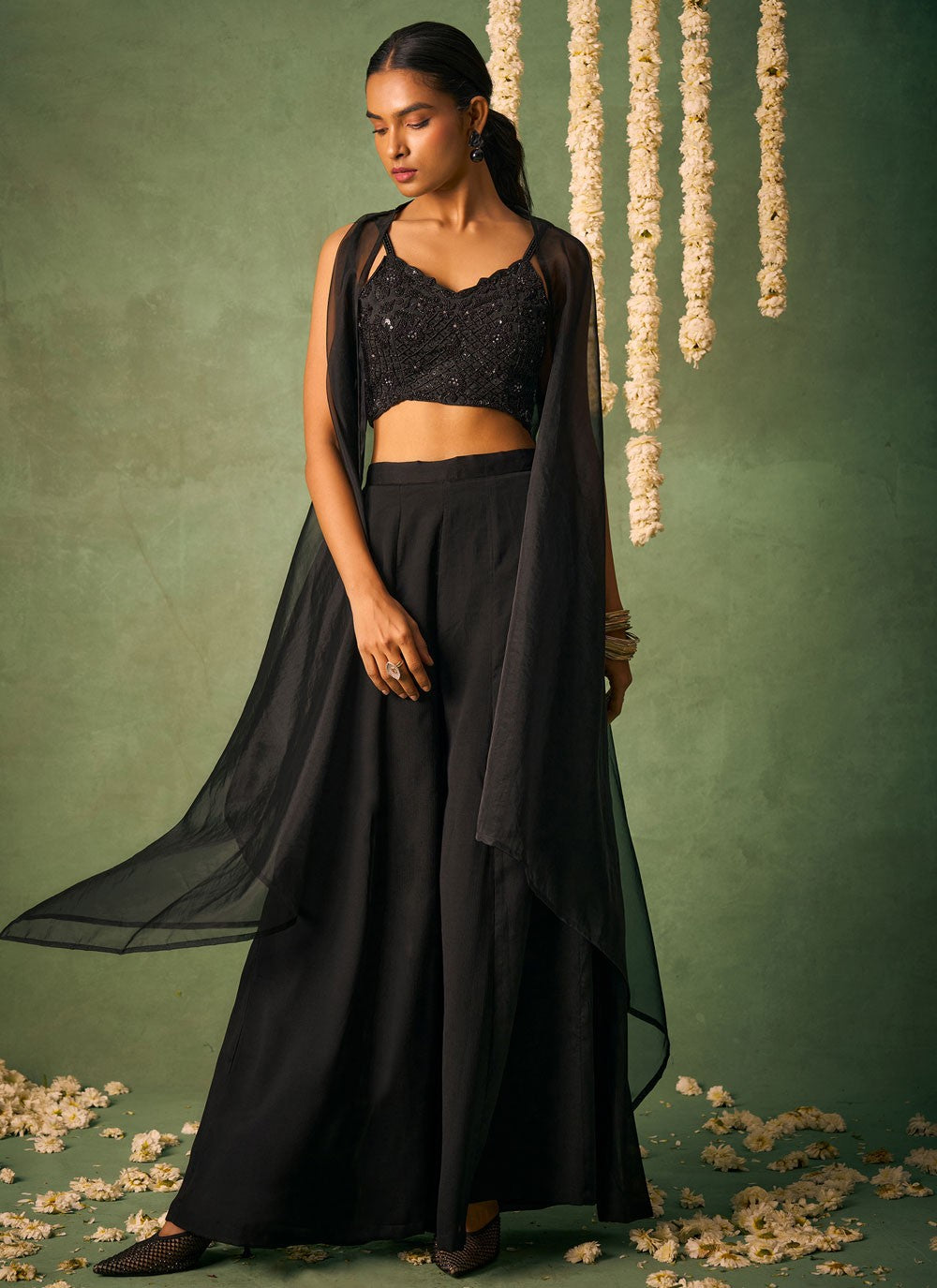 Salwar Suit Beads Black Chinon T5898