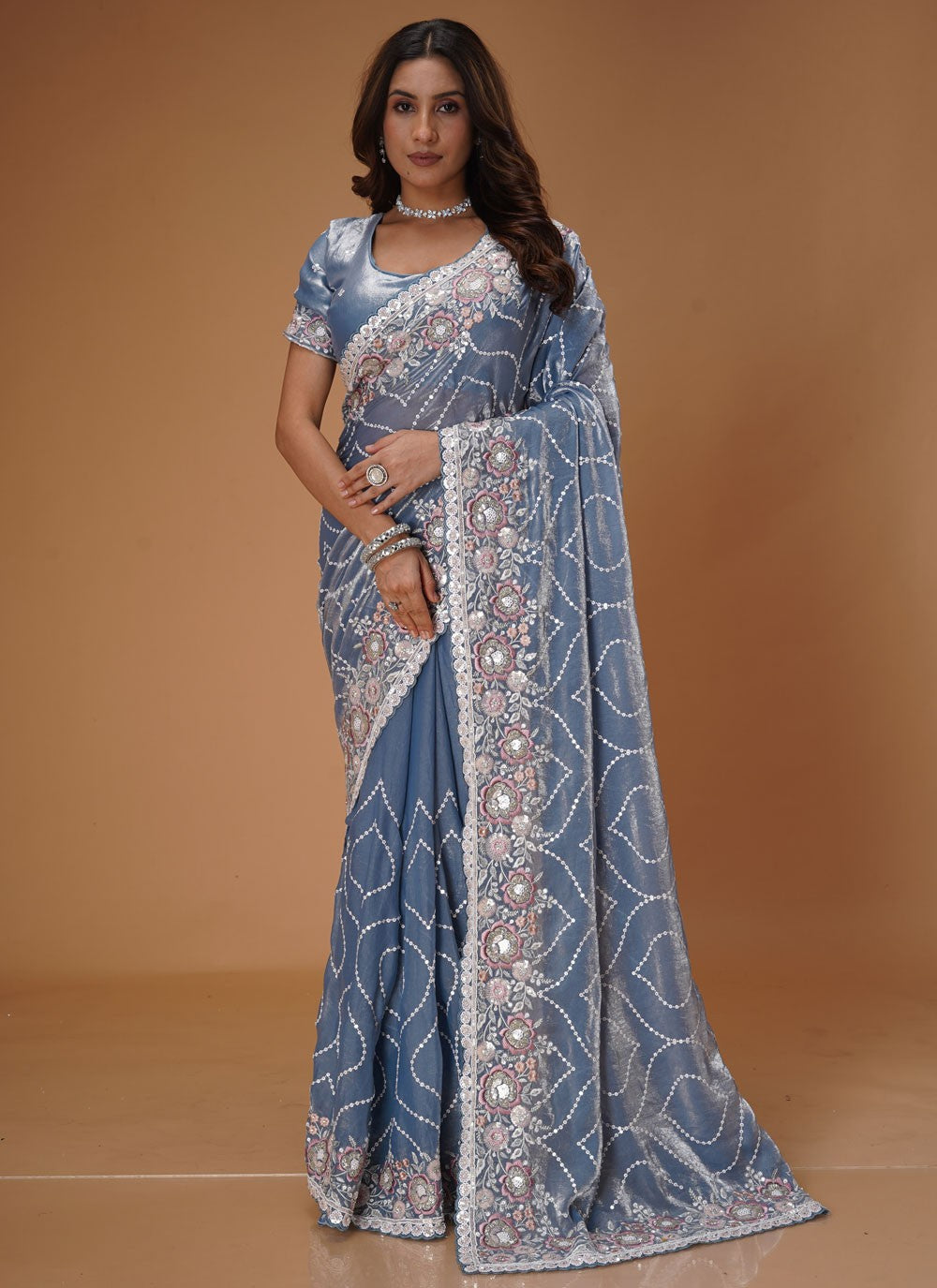 Embroidered Organza Blue Designer Saree S15481