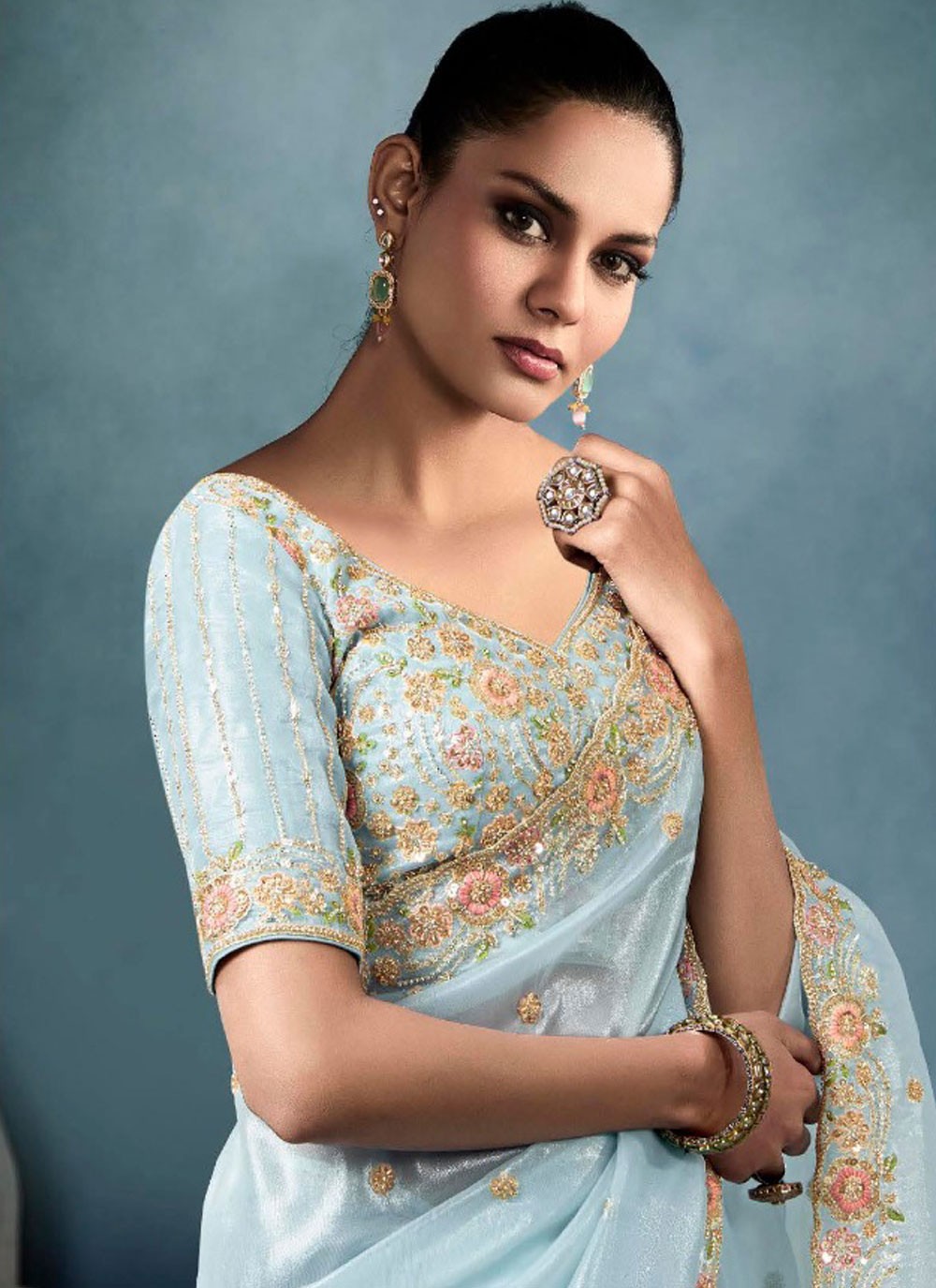 Cut Work Tissue Blue Classic Saree S14871