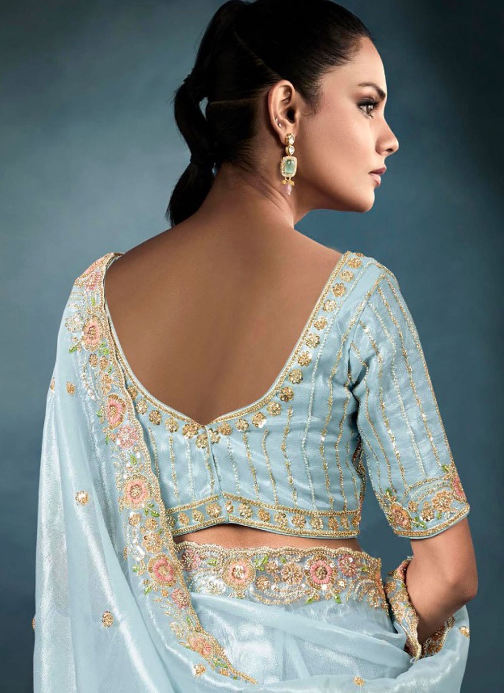 Cut Work Tissue Blue Classic Saree S14871