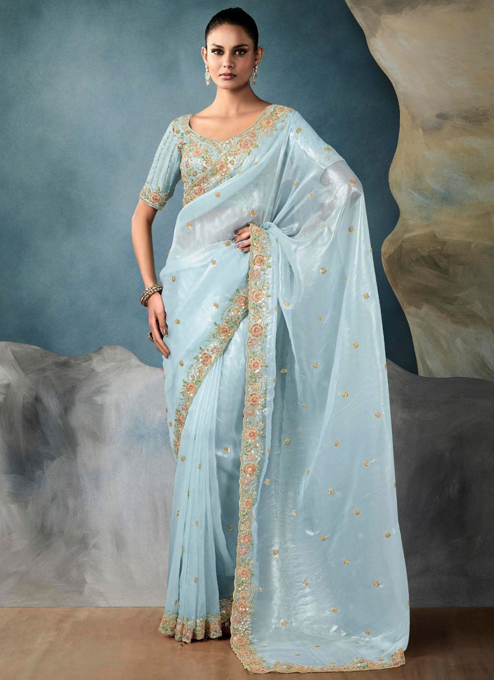 Cut Work Tissue Blue Classic Saree S14871