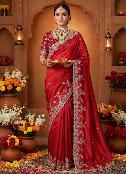 Red Satin Silk Traditional Saree Embroidered, Sequins S20037