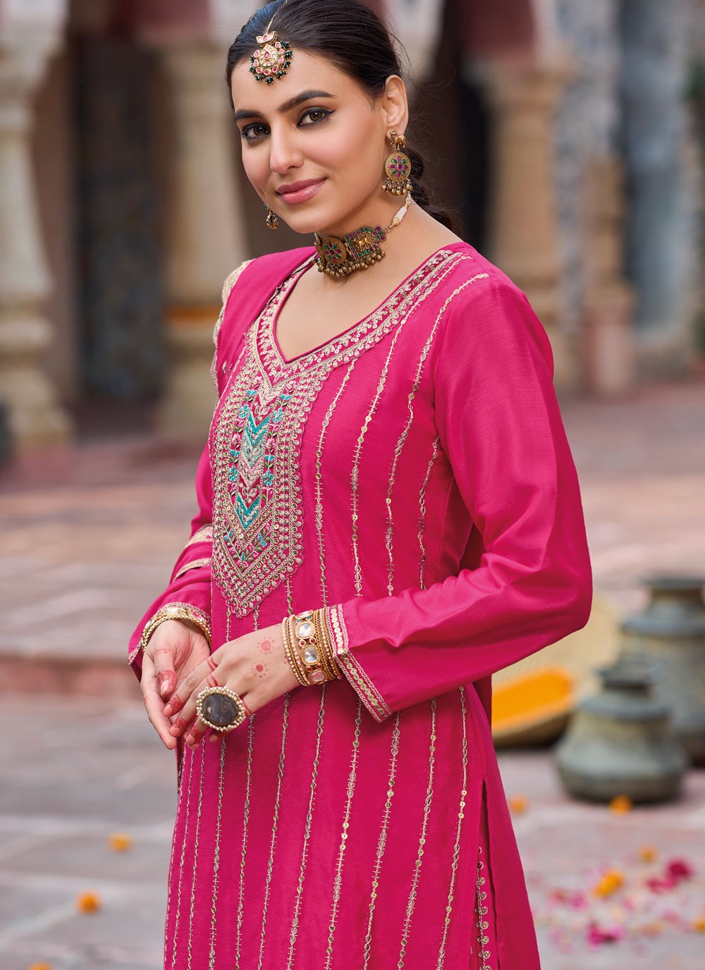 Salwar Suit Embroidered Hot Pink Chinon T5506