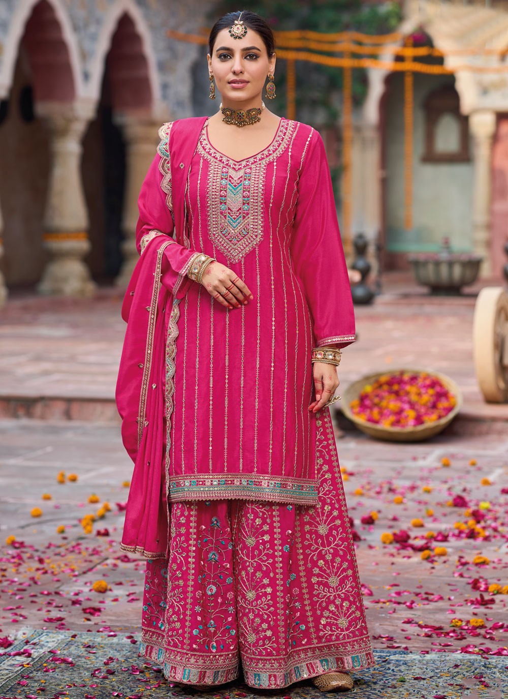 Salwar Suit Embroidered Hot Pink Chinon T5506