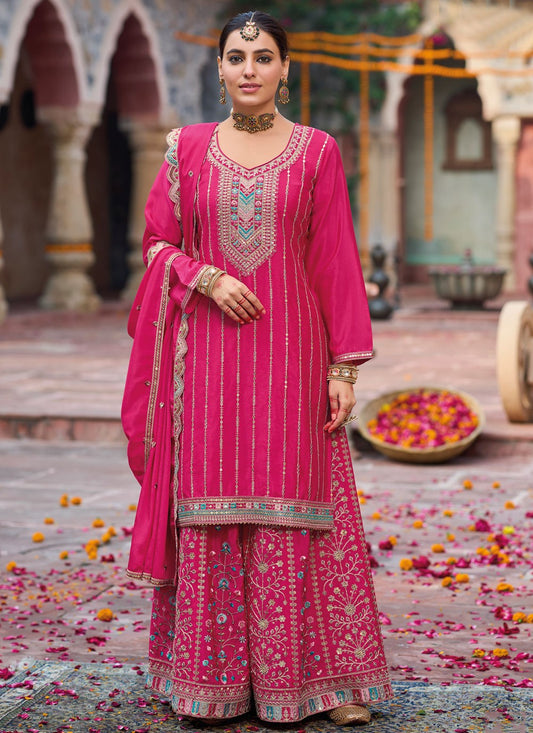 Salwar Suit Embroidered Hot Pink Chinon T5506