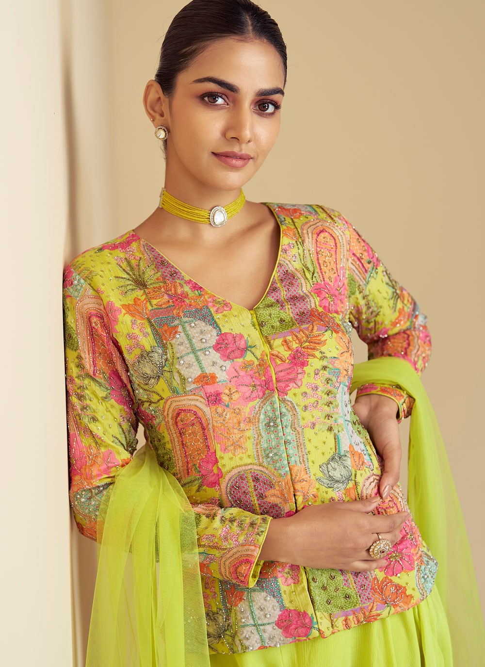 Salwar Suit Embroidered Green Chinon T5529