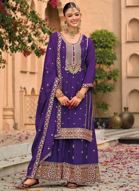 Salwar Suit Embroidered Violet Chinon T5410