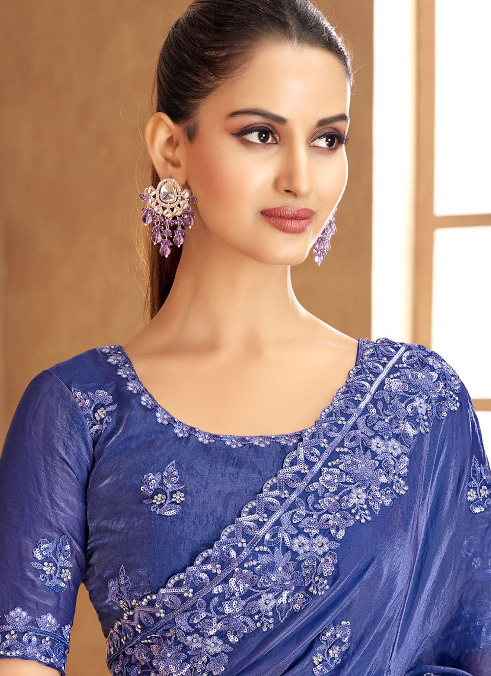 Classic Saree Cut Work Blue Satin Saree S13357