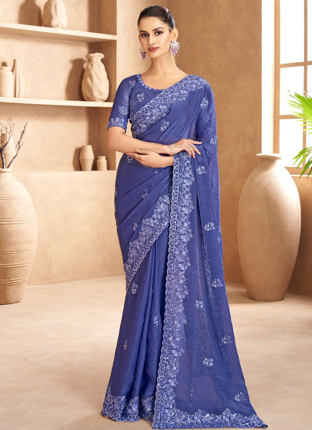Classic Saree Cut Work Blue Satin Saree S13357