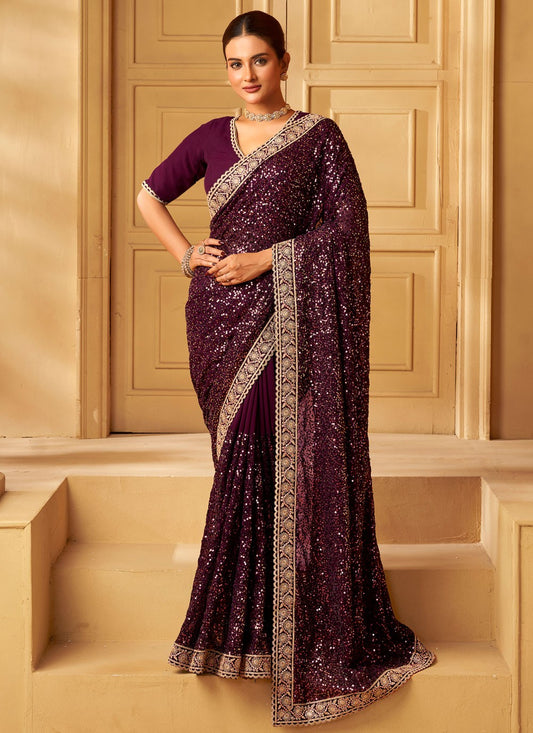 Purple Georgette Classic Saree Cord, Embroidered, Sequins, Thread, Zari S19354