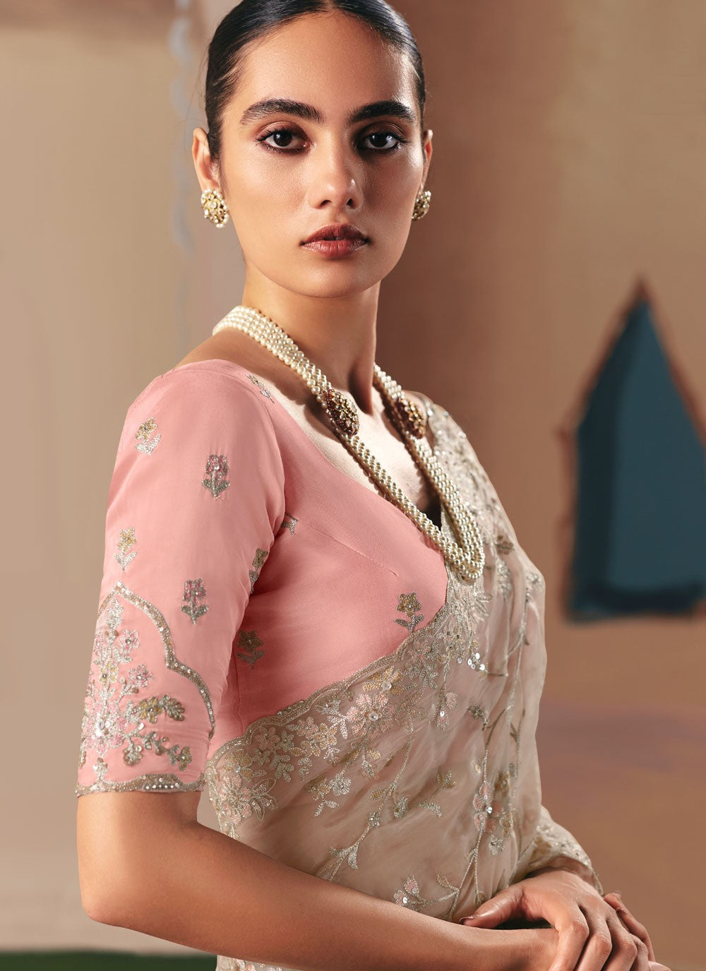 Cream Fancy Fabric Classic Saree Embroidered, Sequins S20022