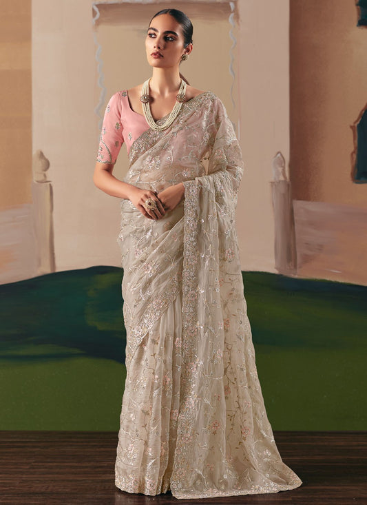 Cream Fancy Fabric Classic Saree Embroidered, Sequins S20022