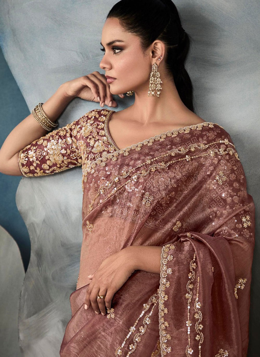 Cut Work Tissue Rust Designer Saree S14874
