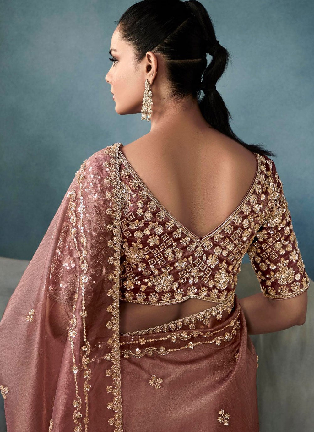 Cut Work Tissue Rust Designer Saree S14874