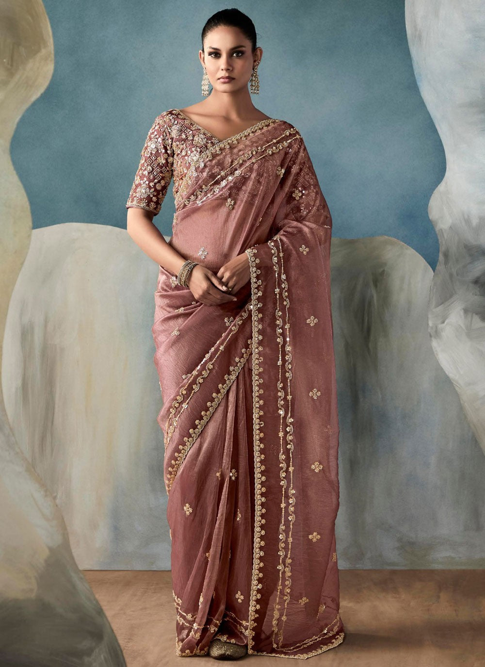Cut Work Tissue Rust Designer Saree S14874
