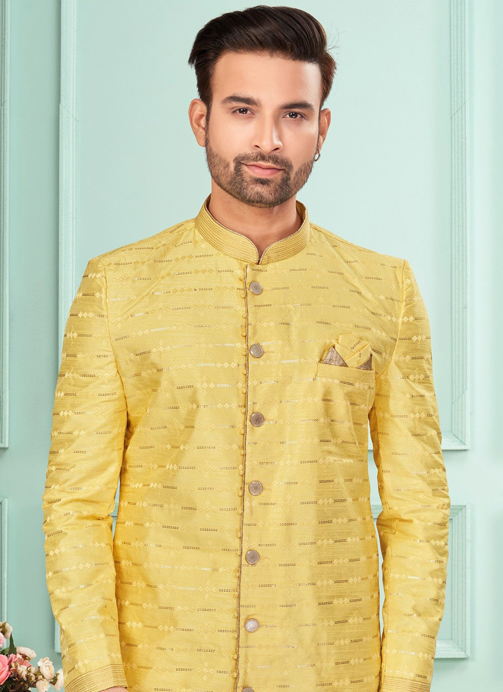Embroidered Fancy Fabric Yellow Indo Western - M7279