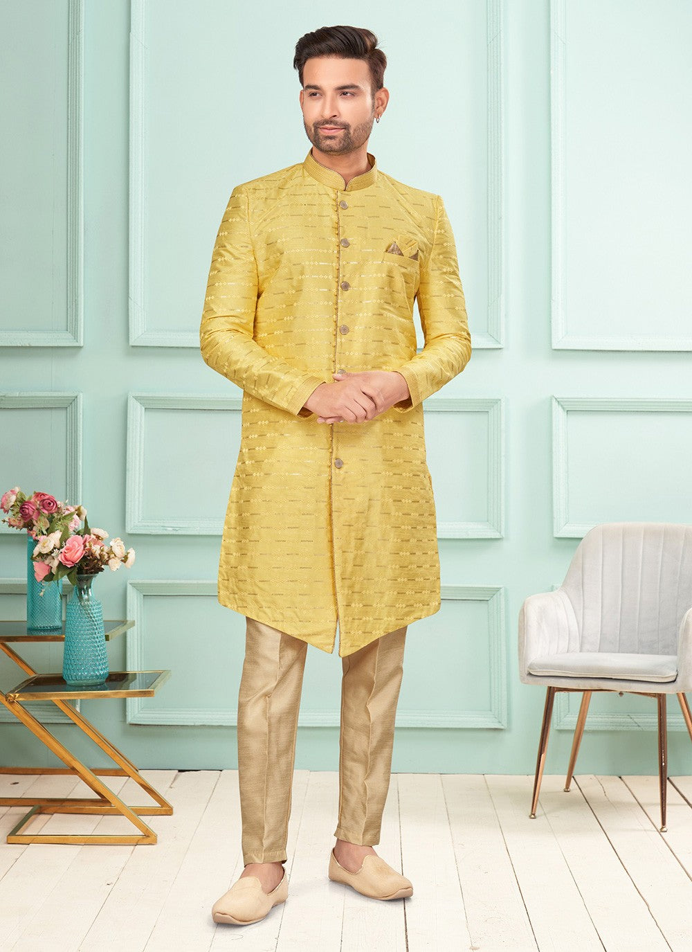 Embroidered Fancy Fabric Yellow Indo Western - M7279