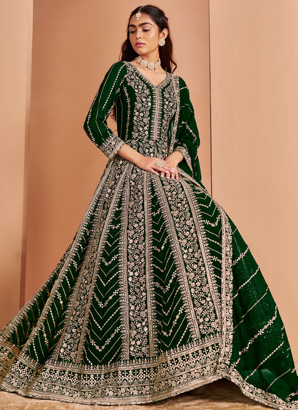 Anarkali Embroidered Green Faux Georgette T5314