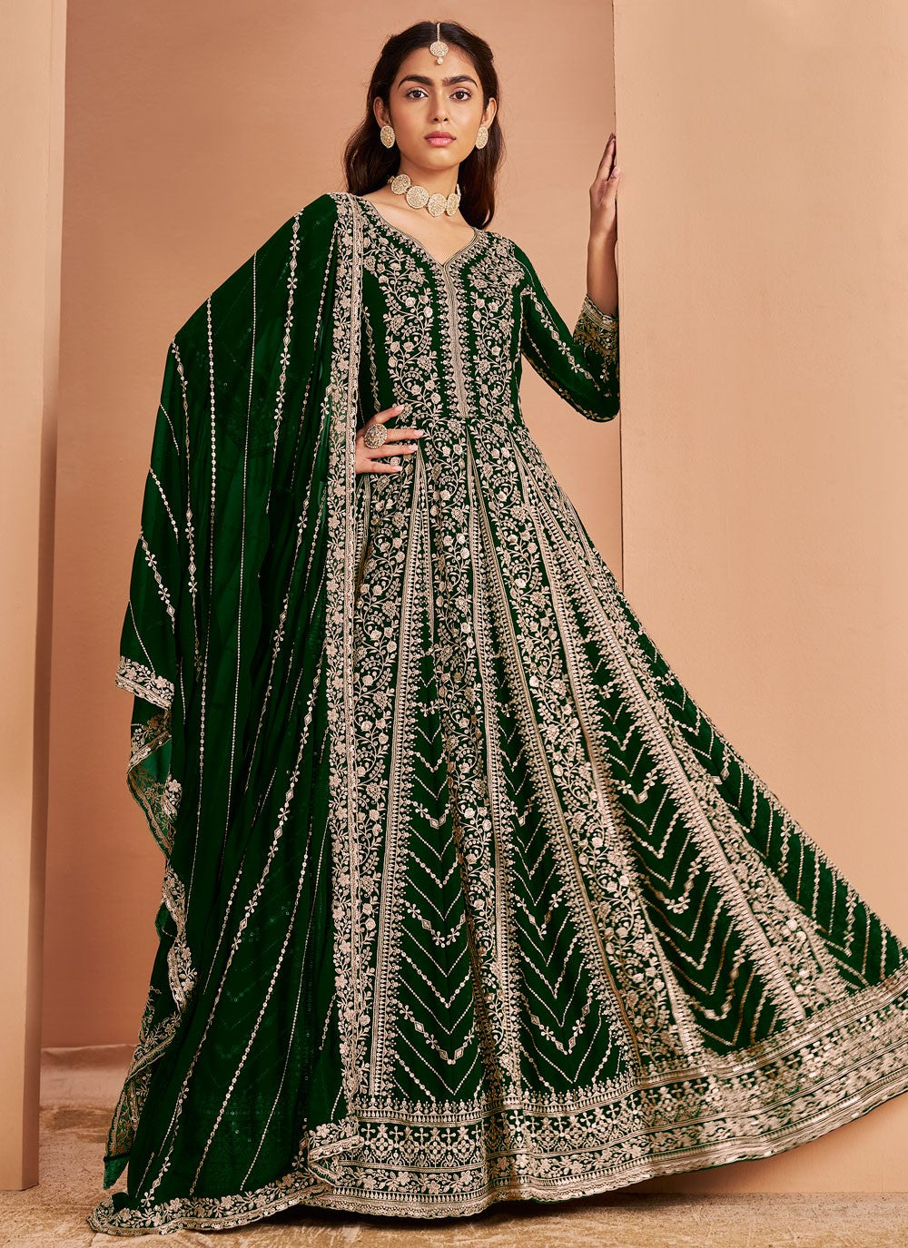 Anarkali Embroidered Green Faux Georgette T5314