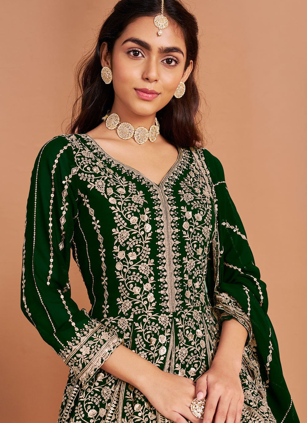 Anarkali Embroidered Green Faux Georgette T5314