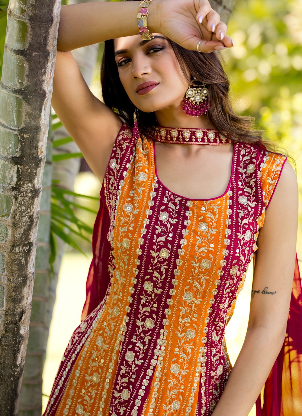 Palazzo Suit Embroidered Hot Pink, Orange Faux Georgette T5882
