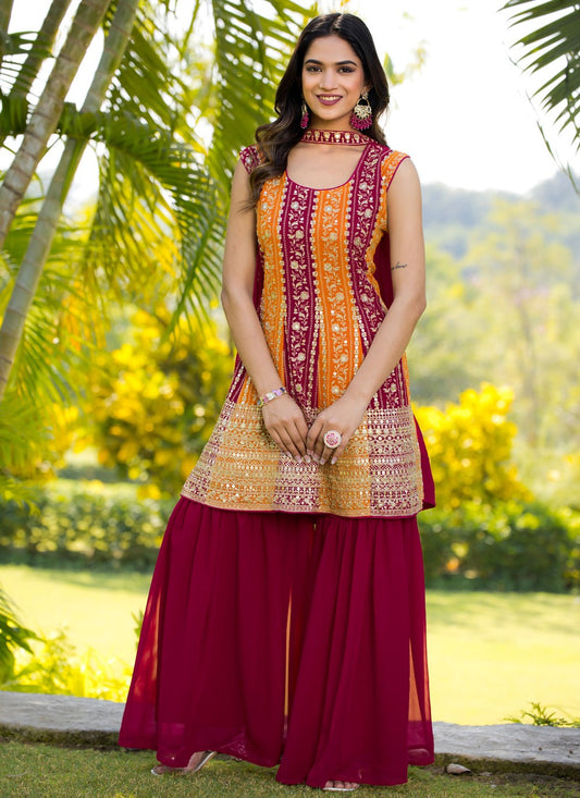 Palazzo Suit Embroidered Hot Pink, Orange Faux Georgette T5882