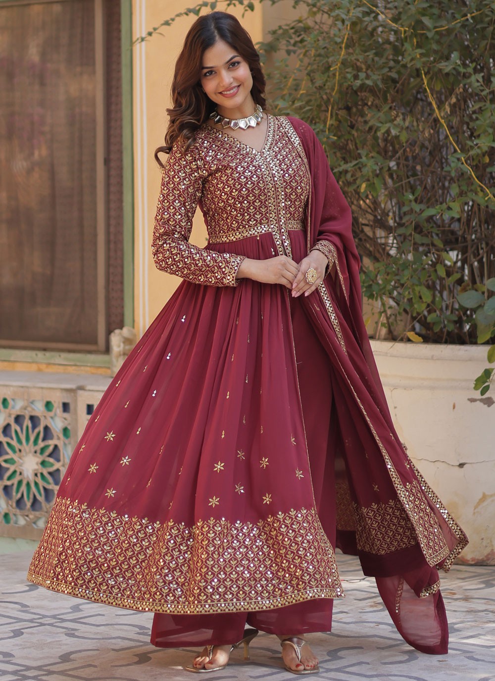 Anarkali Embroidered Hot Pink Faux Georgette T5887