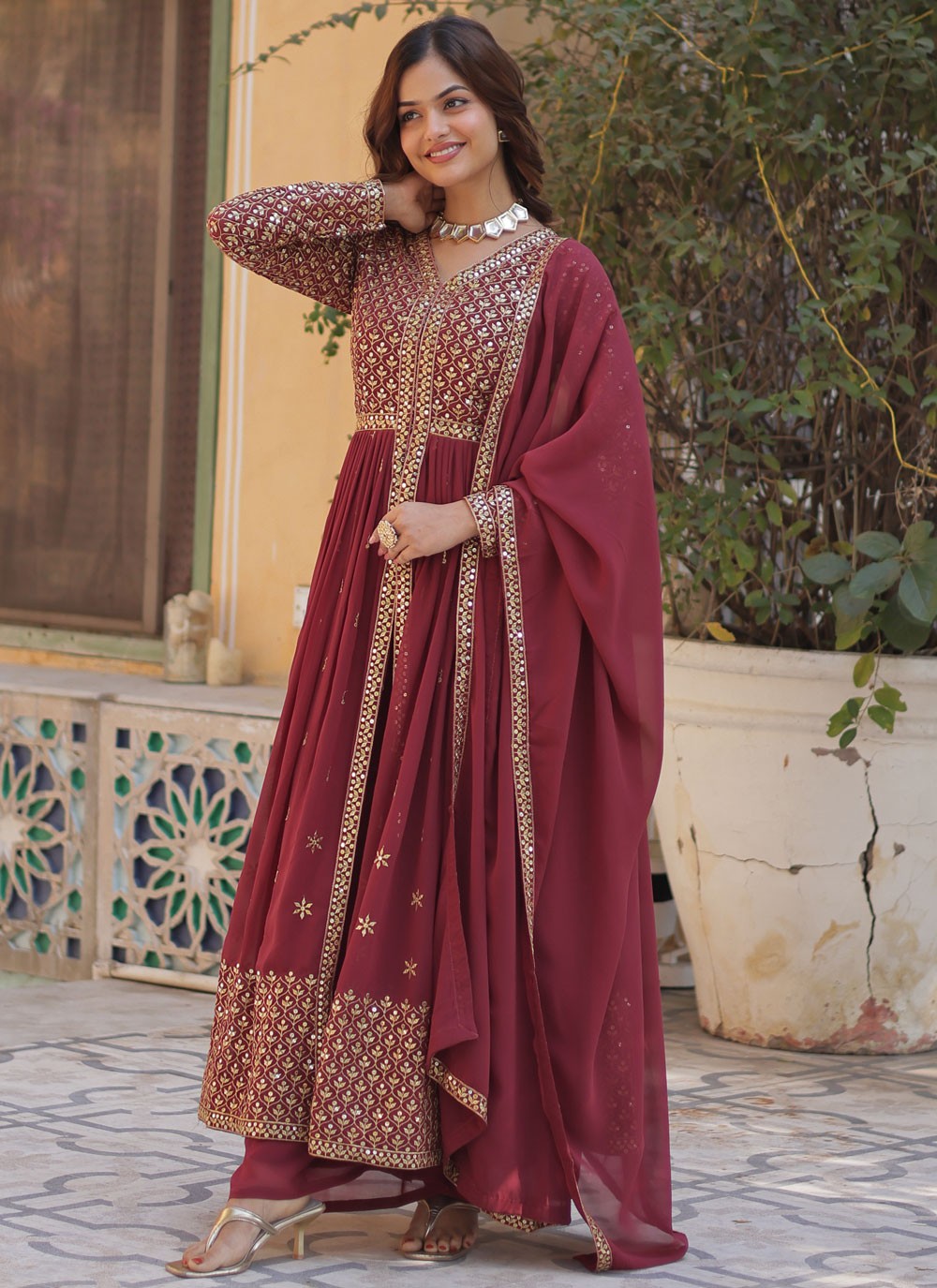 Anarkali Embroidered Hot Pink Faux Georgette T5887