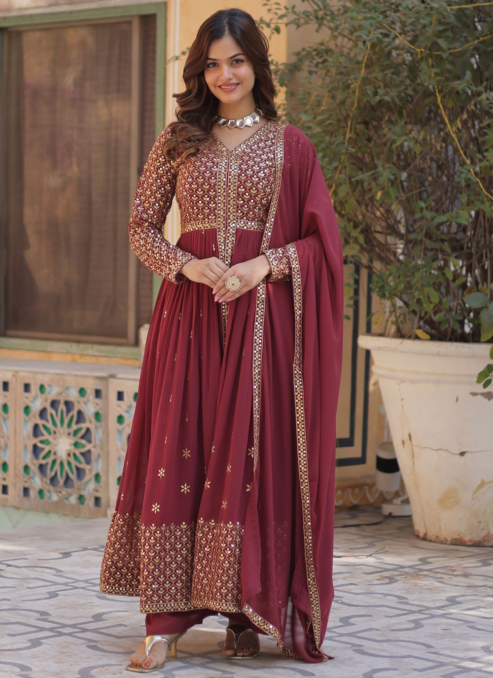 Anarkali Embroidered Hot Pink Faux Georgette T5887