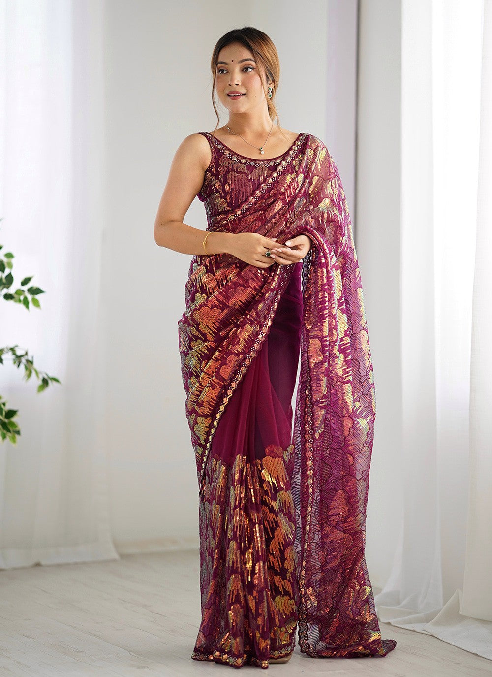 Embroidered, Sequins Net Saree - S11703