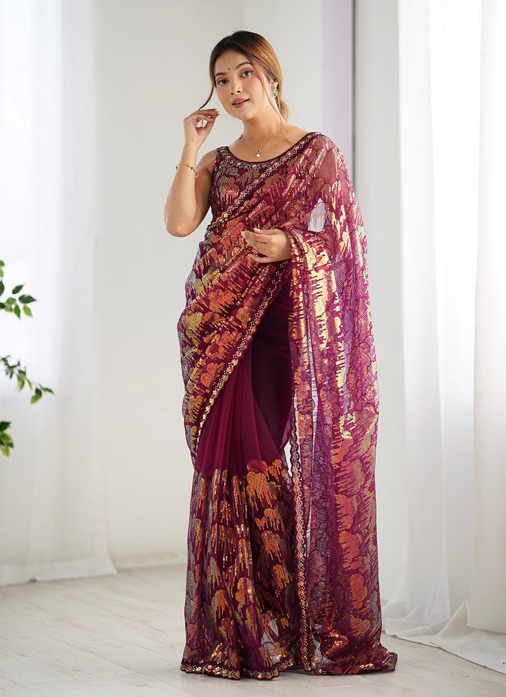 Embroidered, Sequins Net Saree - S11703