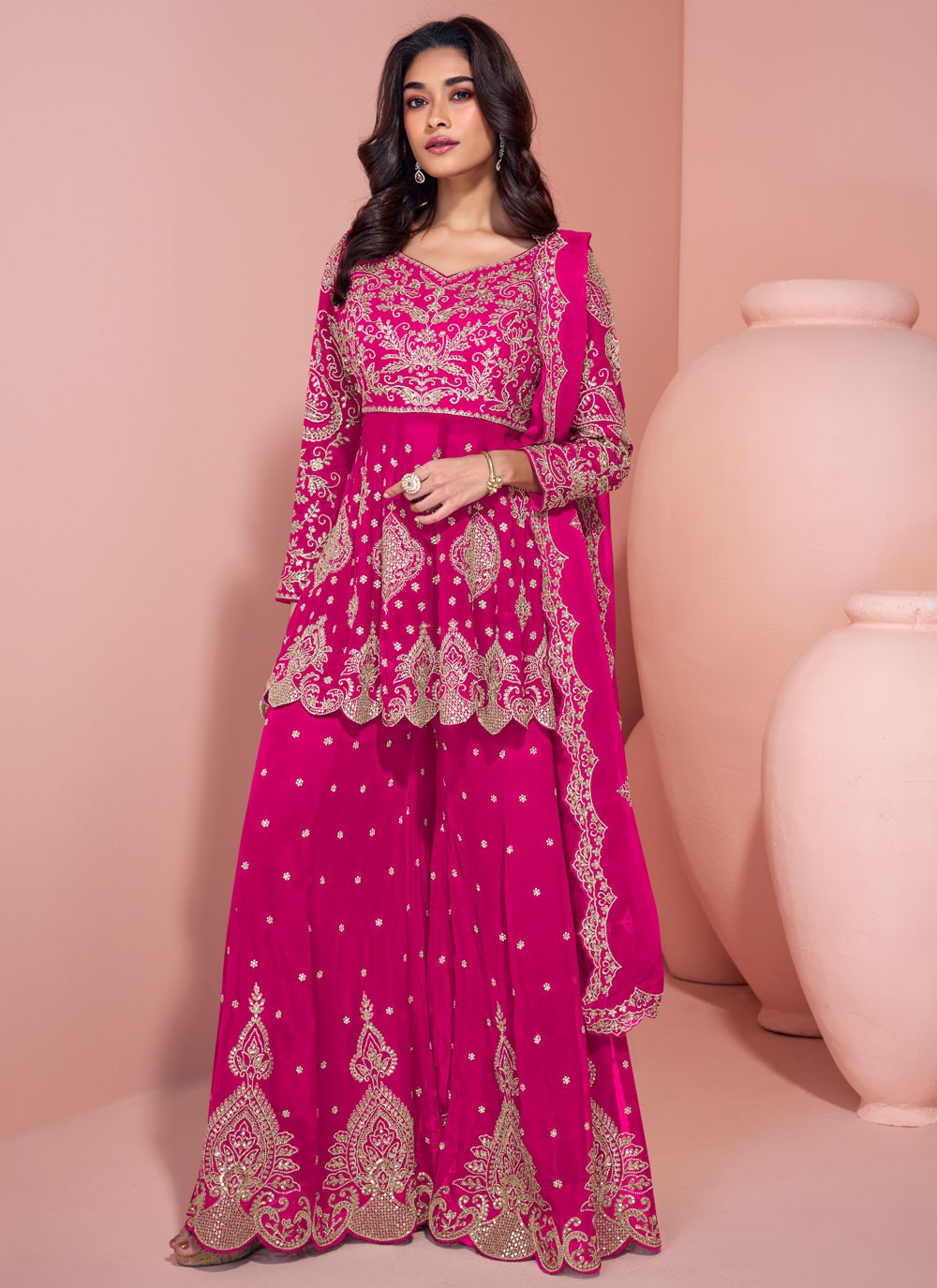 Palazzo Suit Embroidered Hot Pink Pure Georgette T5905