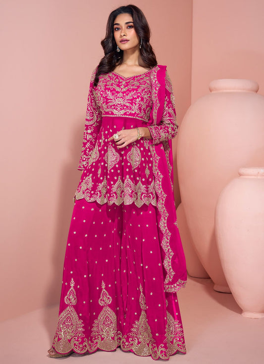 Palazzo Suit Embroidered Hot Pink Pure Georgette T5905