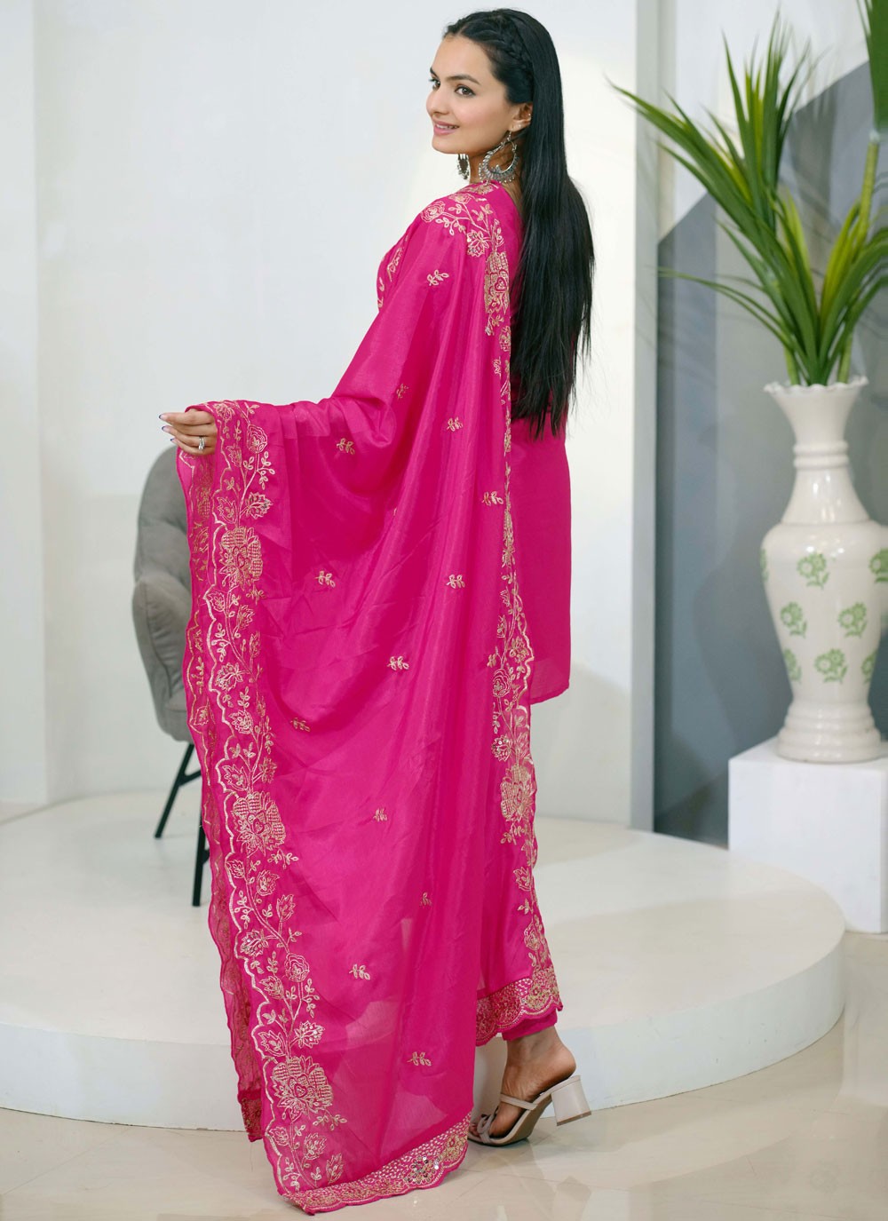 Salwar Suit Embroidered Pink Chinon T5315