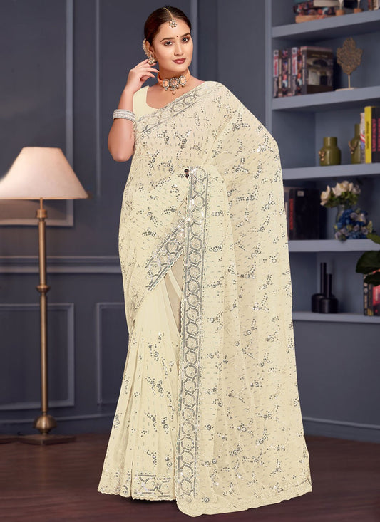 Embroidered Georgette Off White Saree S14659