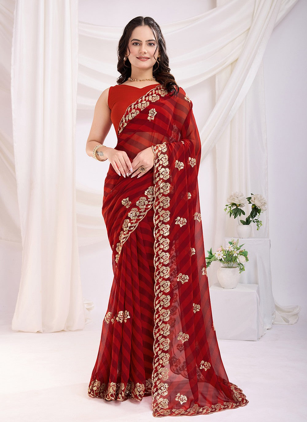 Embroidered Georgette Maroon Saree S13785