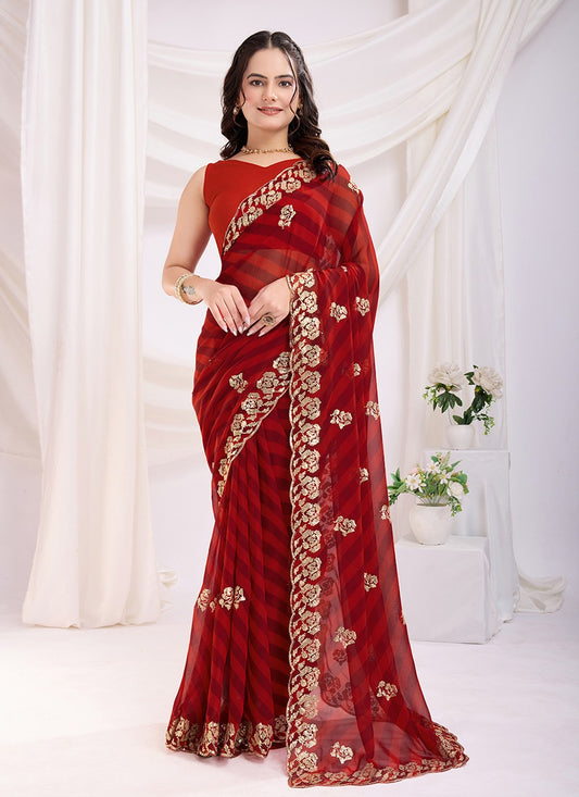 Embroidered Georgette Maroon Saree S14021