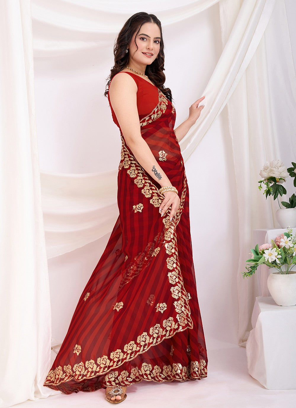 Embroidered Georgette Maroon Saree S14021