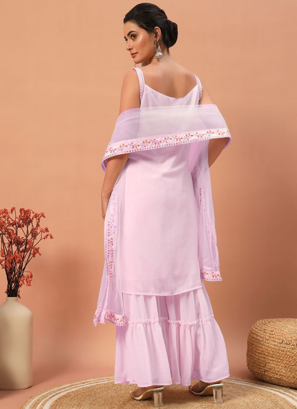 Palazzo Suit Embroidered Pink Georgette T5319