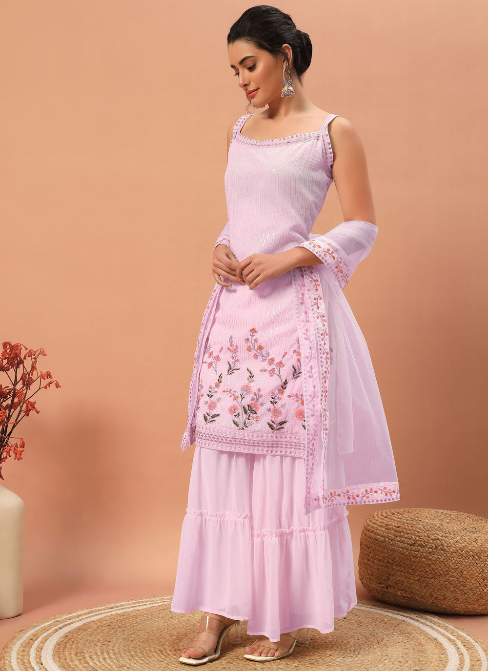Palazzo Suit Embroidered Pink Georgette T5319