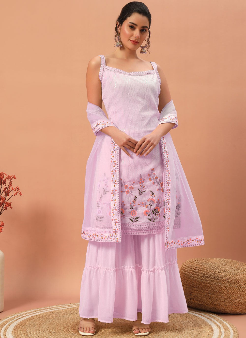 Palazzo Suit Embroidered Pink Georgette T5319