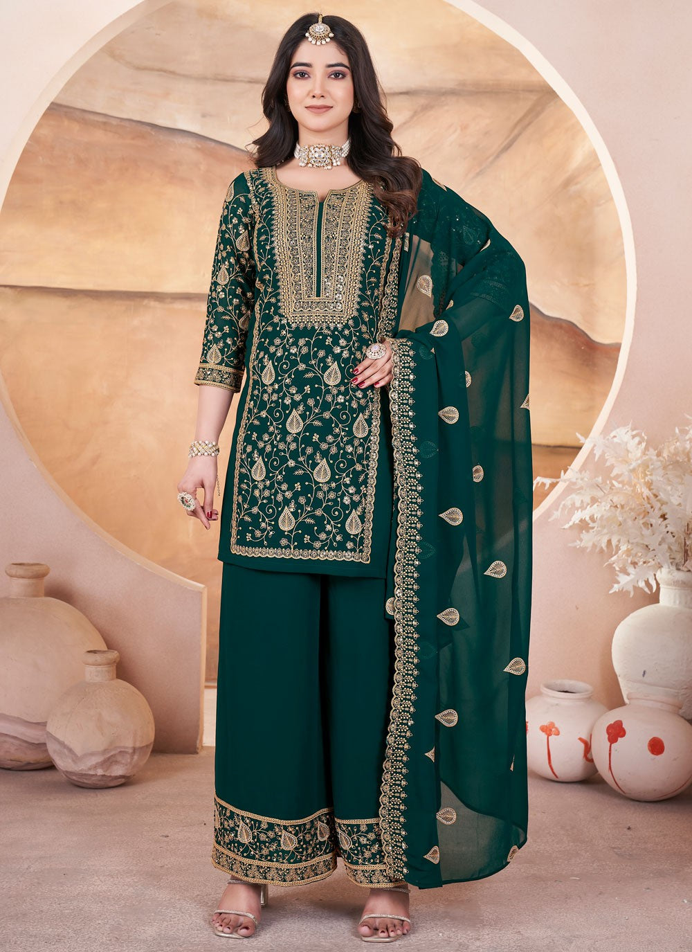 Salwar Suit Embroidered Green Georgette T5624