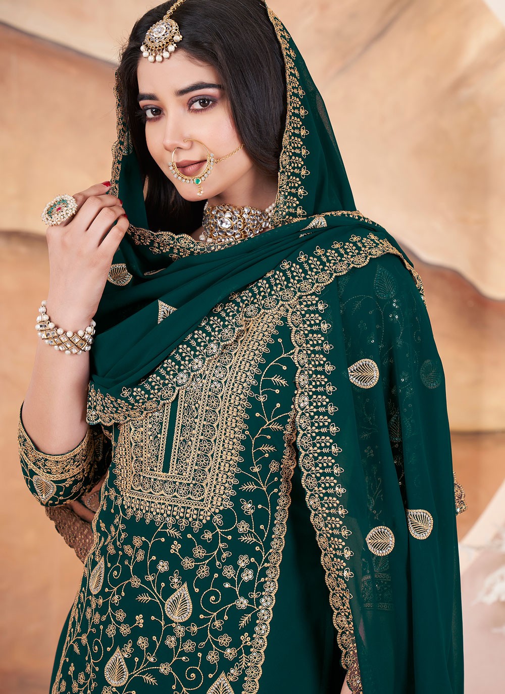 Salwar Suit Embroidered Green Georgette T5624