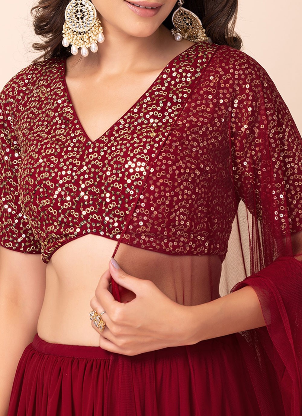 Sequins Georgette Maroon Lehenga Choli L3468