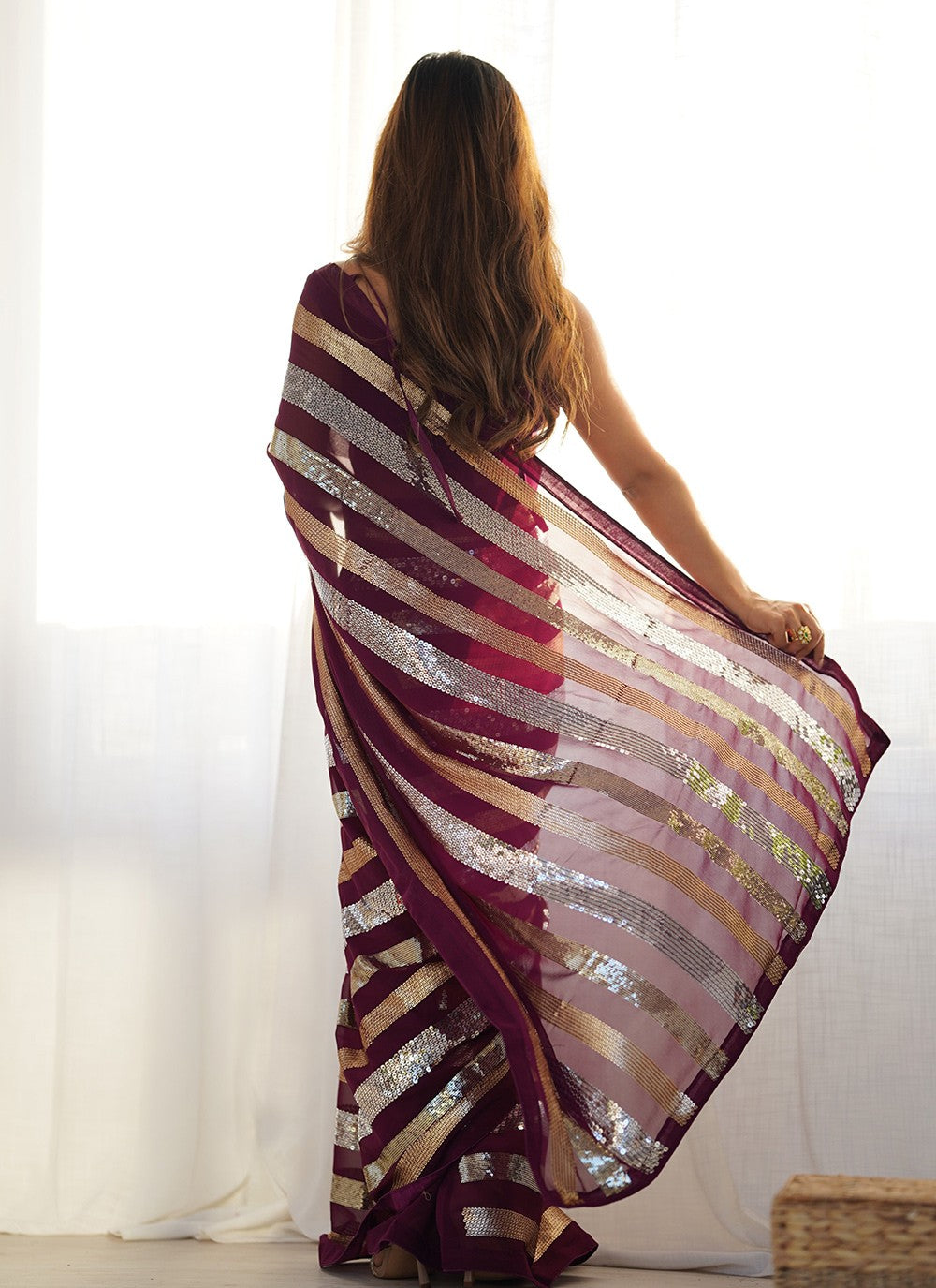 Casual Border Work Wine Georgette Saree S12416