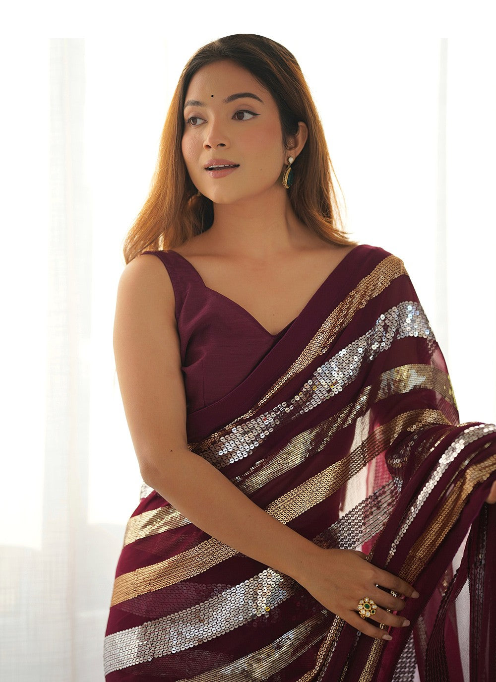 Casual Border Work Wine Georgette S12416