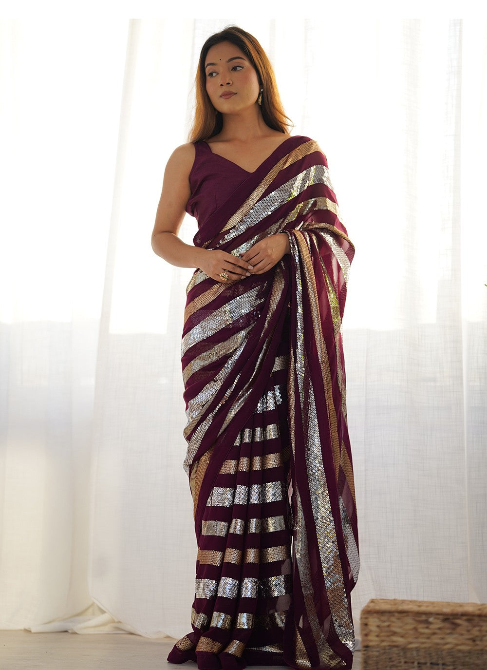 Casual Border Work Wine Georgette Saree S12416