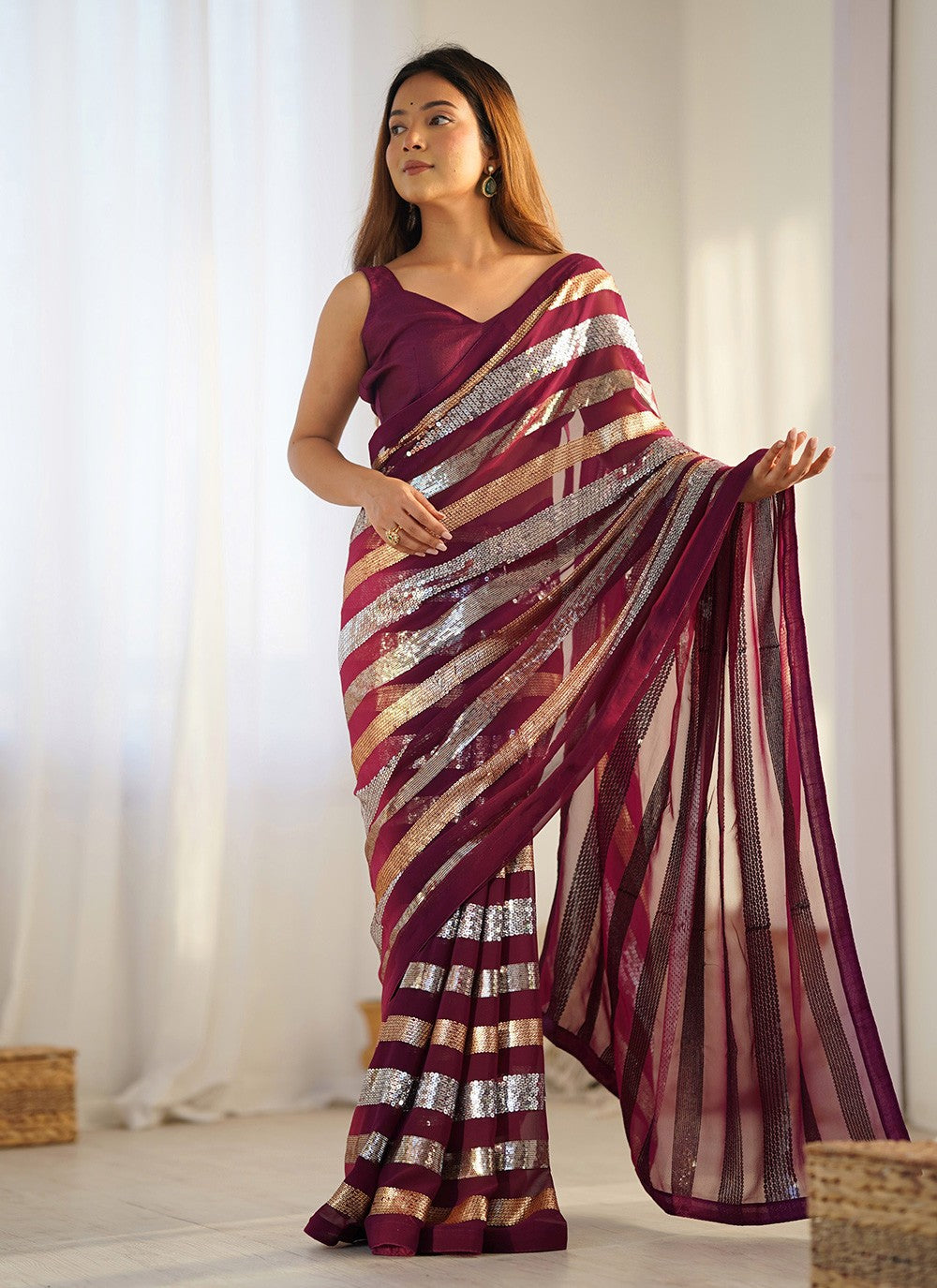 Casual Border Work Wine Georgette S12416